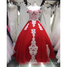 Royal Lace Appliqued Rojo Off Shoulder Illusion Cuello Vestido de Boda Vestido de Boda